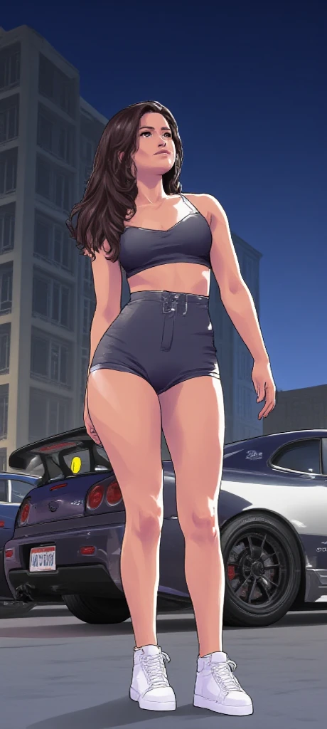(Best Quality, Masterpiece:1.2), (detailed woman), 1girl, solo, Taiwanese woman, long black hair, With bangs,1 female in, 28 yo, Beautiful face, glossy lips, red lipstick, closed mouth, smirk, big breasts, deep cleavage, pale skin, Black tight tank top, Tight Denim booty shorts, black high-heel shoes, standing. (Background: Indoors, car repair shop). The woman is an automobile repair mechanic