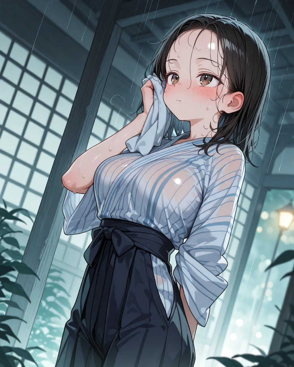 (Highest quality,128k, masterpiece:1.55, photorealistic, hyperrealistic), Ultra detailed face, Detailed lips, Detailed eyes, double eyelid, 
BREAK cinematic angle, public indecency, trembling, leaning on person, covering chest by hand,
BREAK 1girl, solo, (full breasts, pointy breasts, sagging breasts:1.5), (perspired:1.3),
BREAK rosa, brown hair, double bun, doughnut hair bun, hair bun, blue eyes, hair between eyes, twintails,
BREAK (nipples through:1), (wet overflow, wet on hair, wet on body, wet on clothes:1.5),
BREAK  yukata, floral printed yukata, Japanese clothes, light blue kimono, wide sleeves, long sleeves,
BREAK at night, outdoors, Summer Green Forest,  on the street,(Heavy rain:1.75),