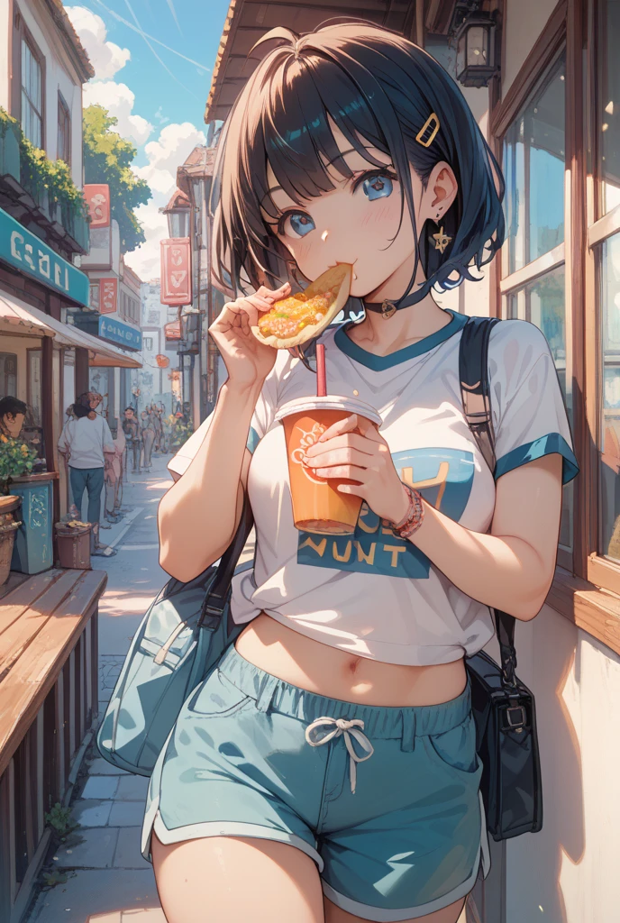 masterpiece, best quality, dark skin, short hair, yellow eyes, black hair, beautiful girl, thin, full body, casual black male t-shirt long sized, jeans pants, plan boobs, short boobs, small , short chest, big butt, wide thigh, sitting, eating a hotdog