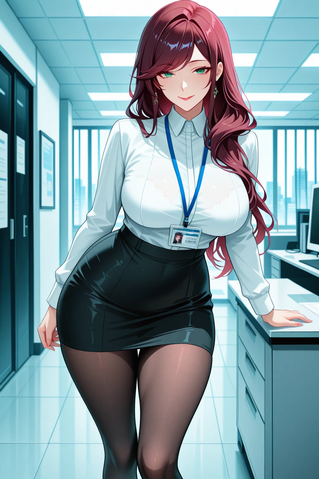 full body photo of a beautiful sexy secretary wearing extremely short skirt and seamed stockings, standing exactly, ((Solo)), Adult, In the office, High heels, desire big breasts, Sweaty