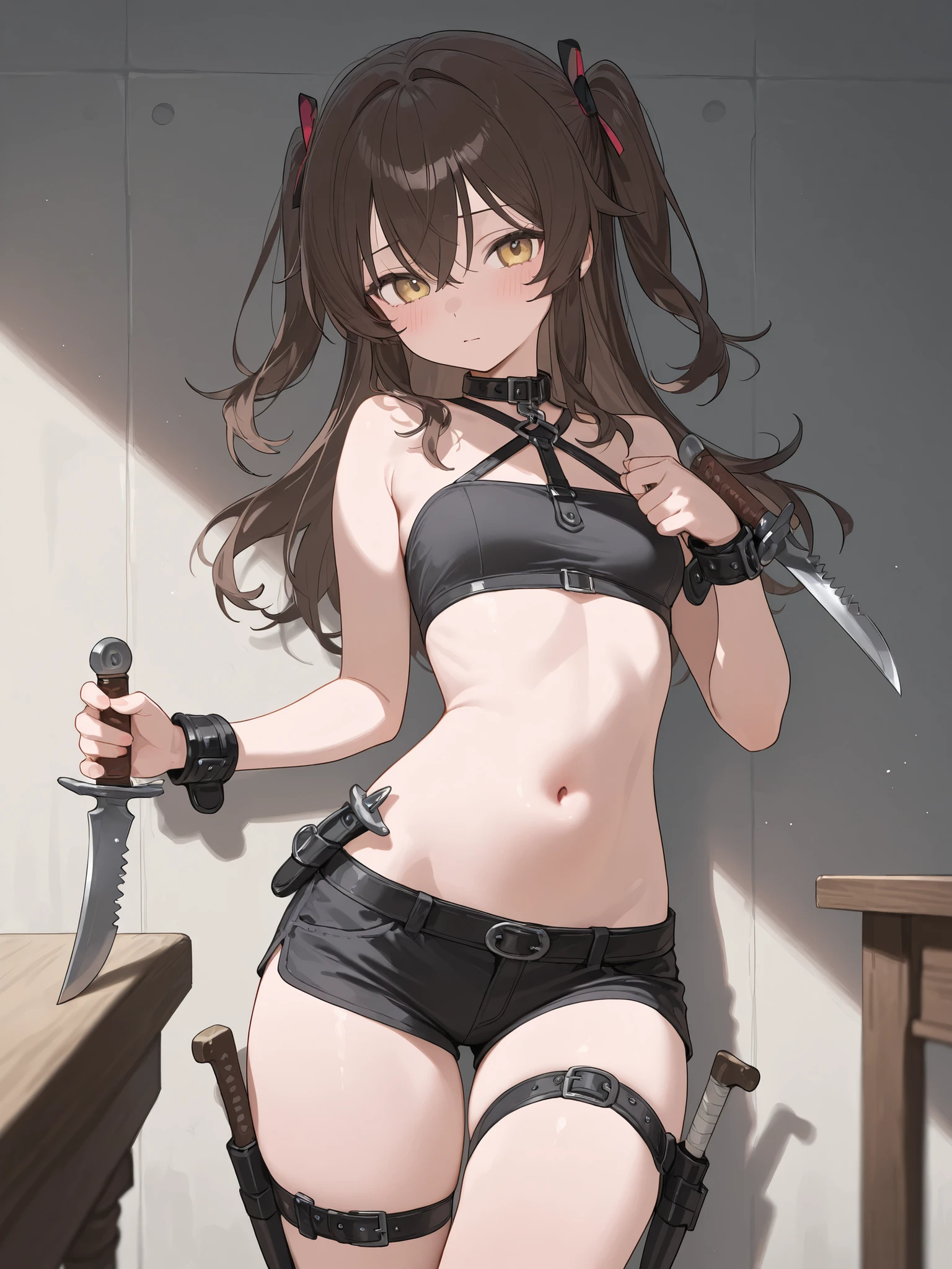 (small breasts:1.2), (perky chest:1.2), (pointed chest:1.2), dark bronde hair,long hair,side ponytail,hair between eyes,bangs, BREAK (beret, black jacket, open clothes, cleavage, midriff, black shorts, black thighhighs, thigh strap, fingerless gloves, single glove:1.2), Photo,sharpness,hyper-realistic textures,spectacular light textures,(((Beautiful woman with left leg restrained and hung by chains))),Appearance,Beautiful girl with accentuated slender abs: 1.1,six-pack abs: 1.1, Bust Botox,Standing on tiptoe, long legs,Long brown hair fluttering in the wind,Brown hair, Long hair, Female Warrior Costume,(No panties,No bra),(tacticul battle fashion,elbow and knee tacticul battle fashion, battle glove: 1.1),((cute batre costume)),The belly comes out and the navel is visible,Thin sheer costume, combat gloves,shredded costumes,cyber long combat boots with golden knee pads,Anatomical,(futuristic sci-fi battle fashion, long boots, gloves: 1.1),(tied perfectly by iron chain), Restraint, Slave, collars, contempt, (Chained), 4 chains hung from heaven, Metallic shackles and fetters, wet crotch clearly visible,((Hands are restrained above the head)), the neck is chained,Chain from left knee to heaven,Chained by silver chains,((the tip is protruding, areolas protruding,The shape of the pubic area is clearly visible:1.2)),Sweating,Wet,Wet crotch,Wet thighs,Junkyard, Realistic, (cute, perfect clothes, skimpy clothes, cute: 1.3) ((wide mirtary hospital with summer sunlight)), peeling ceilings, Rebar between, Realistic material details, Extreme details, Ultra-realistic materials,narrow waist,(with sparkling eyes and a contagious smile:0.9), detailed clothes features, (perky chest:1.1), (pointed chest:1.3),looking at viewer,

