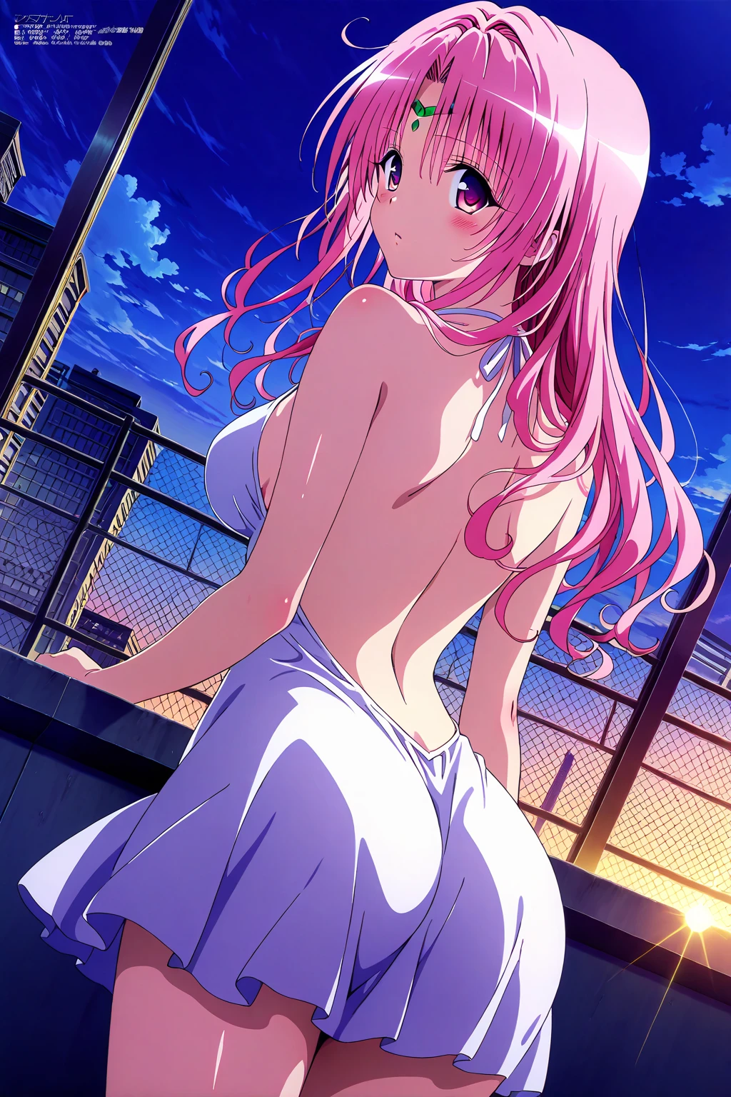 15yo girl, mini tank top, J cup breast, thong, thicc thigh, balcony, charming smile, light pink hair, hime cut hair, long hair, see through 