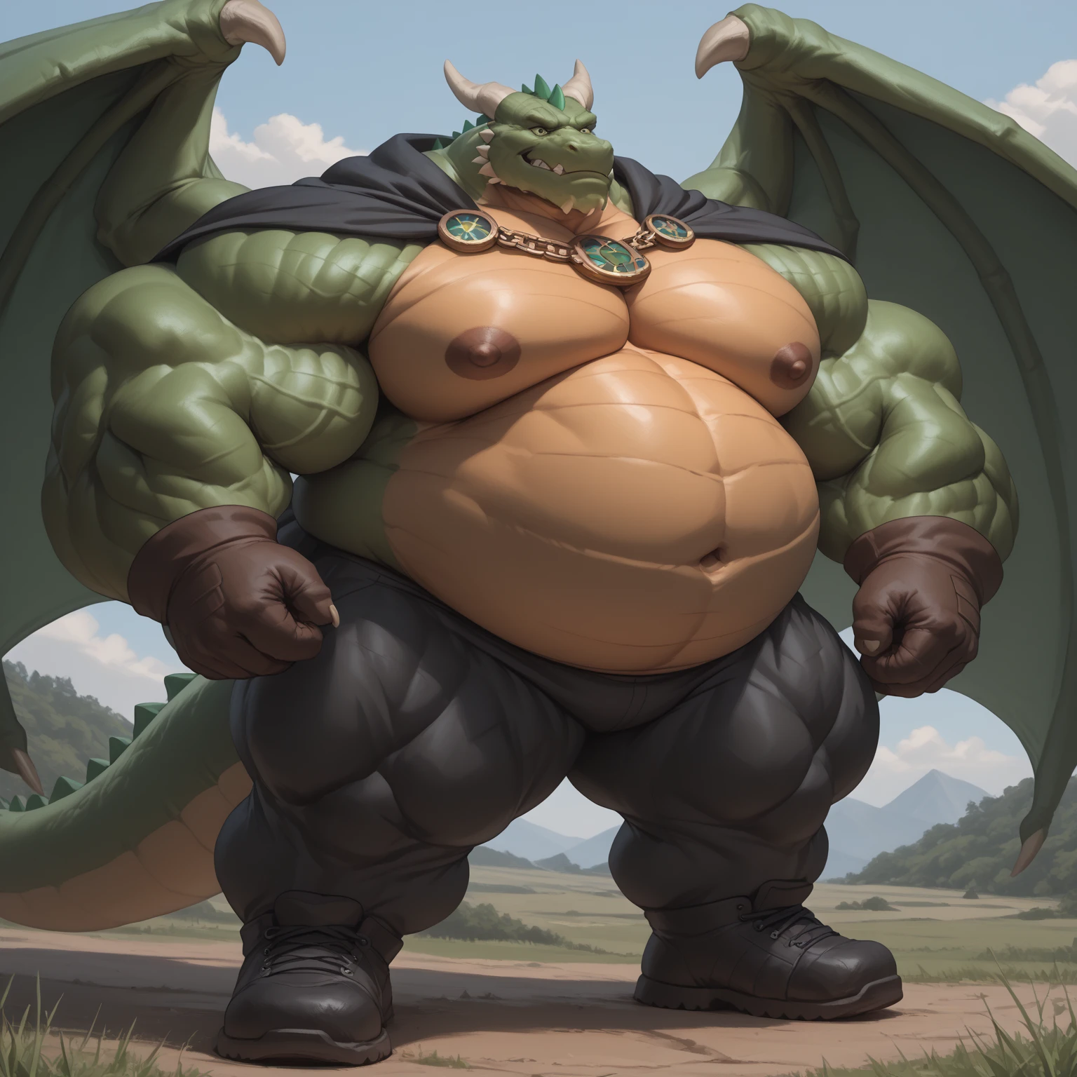dark green male dragon、muscle dragon、Legendary creatures、Giant Monsters、Masturbating、Huge penis、Thick and long male genitalia、enlarged penis、hugely enlarged testicles、huge oval scrotum、swollen glans penis、a large amount of semen、anime style detailed eyes,Very small face、head smaller than neck、Old face、Thick and short thighs、very short legs、animal-like feet、fatty cheeks、thick and short arms、huge torso、large wings、thick neck、fat neck、sharp claws、feet covered in fat、Detailed scale、big scale、Chunky tongue、I have my mouth wide open、Heavy drool、thick and long tail、sharp white fangs、thick twisted corners、Lying Pose、wilderness background