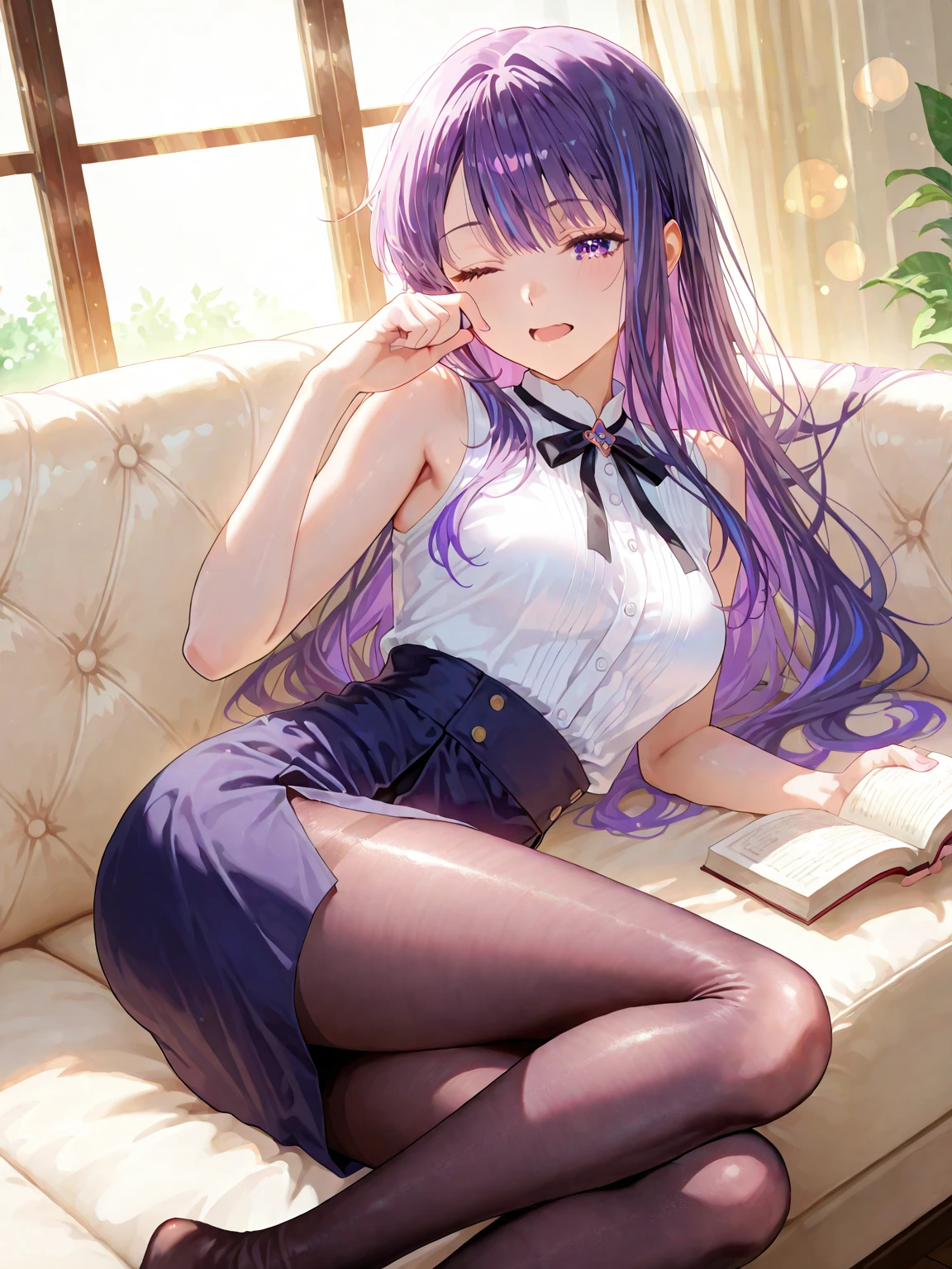 score_9, score_8_up, score_7_up, score_6_up, 1girl, Kyoko, purple eyes, purple hair, long hair, braid, purple jacket, brown necktie, white shirt,<lora:KyokoPXL:1> sitting with elbows on knees