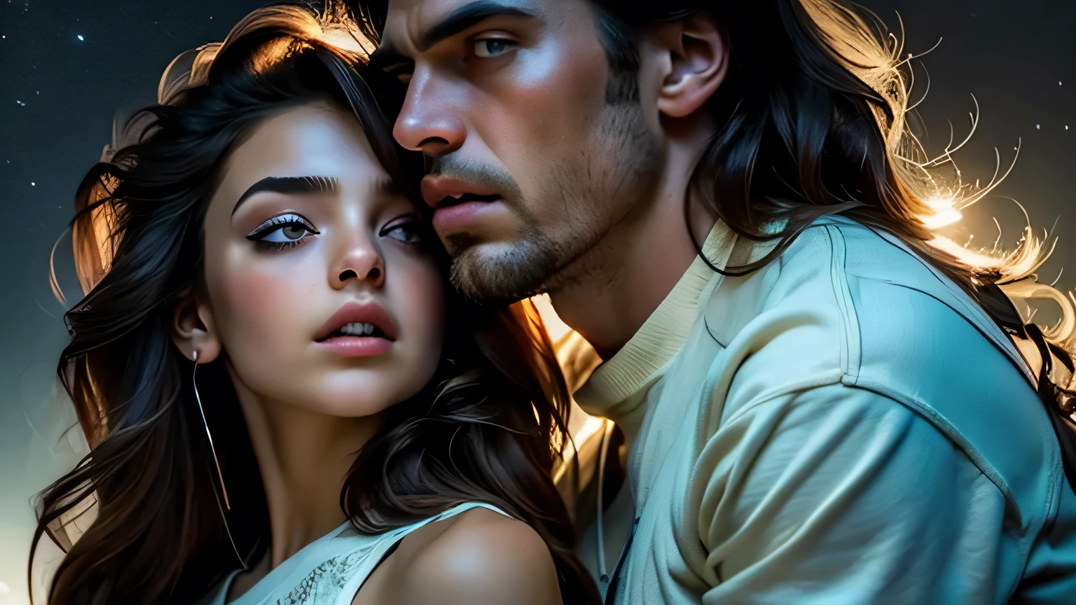a loving couple, a man and a woman embracing, sunlight and moonlight, spiritual dimension, soft lighting, romantic atmosphere, beautiful detailed faces, beautiful detailed eyes, beautiful detailed lips, ethereal, mystical, serene, (best quality,4k,8k,highres,masterpiece:1.2),ultra-detailed,(realistic,photorealistic,photo-realistic:1.37),dramatic lighting,chiaroscuro,warm colors,cool colors,divine,transcendent