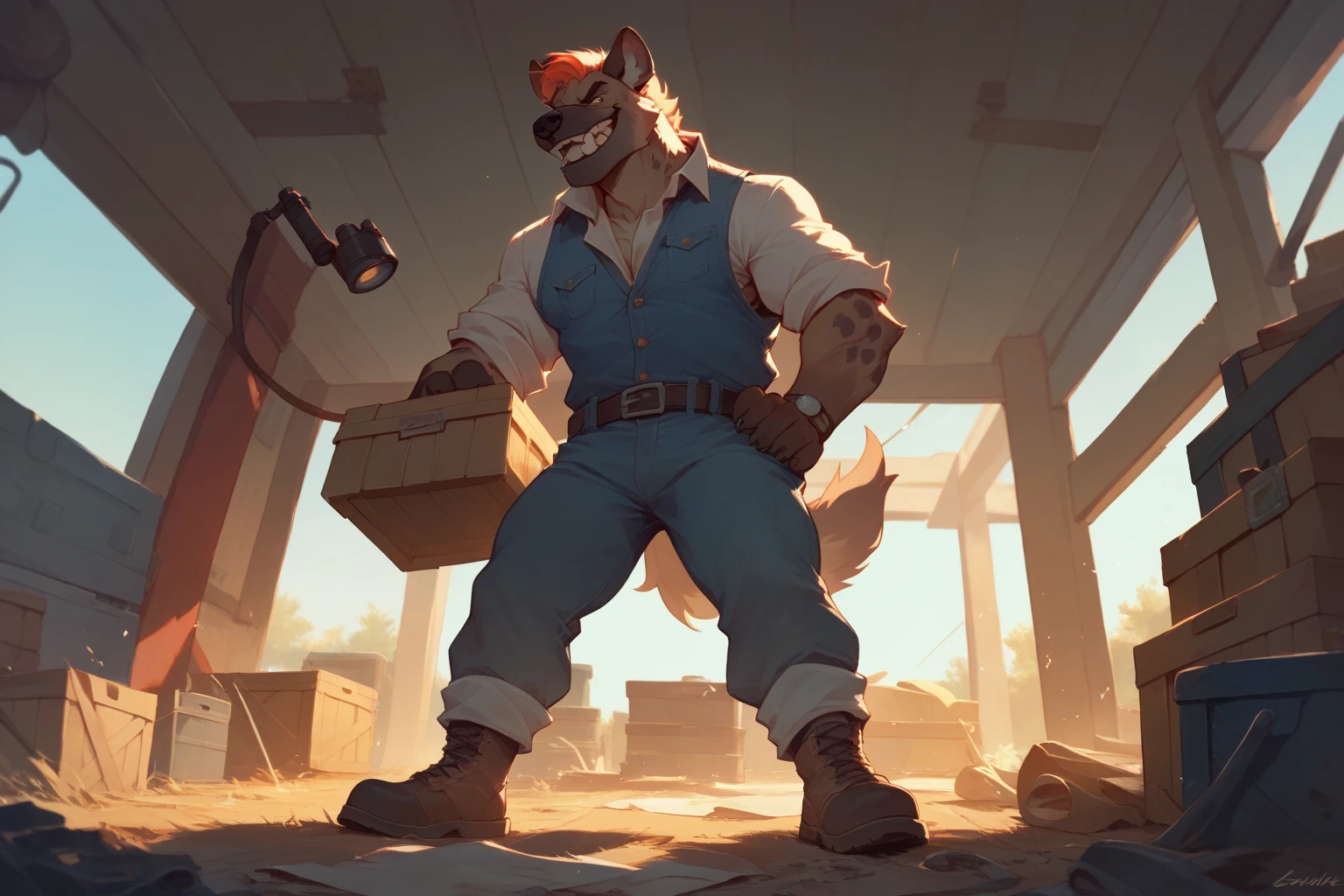 Solo, male, medium muscular, german shepherd, dog, biker, hairy chest, furry chest hair, shirtless, leather vest, blue jeans, leather chest harness, gun holster, gun,leather fingerless gloves, fingerless gloves, workboots, boots, cigar, cigar in mouth, nipple piercing ((focus body, furry focus, shades focus, body shades)) nice body, standing, stepping on someone, stomping, posing, one arm raised, flexing one arm, exposed right armpit, armpit hair, bulge, groping bulge, left hand on bulge, touching crotch, nsfw, model, light, shades, 4k, high quality ((( shooting range background, inside))), by darkgem, by mystikfox61