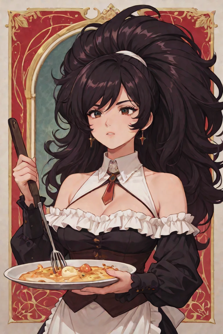 Anime girl holding a frying pan，laughing out loud，Fangs，Black eyes，A mole under the eye，Purple eyeshadow purple eyelids，Black long hair，Cat ears，Small Crown，Red off-shoulder dress，Fur collar shawl，wave，Slender neck