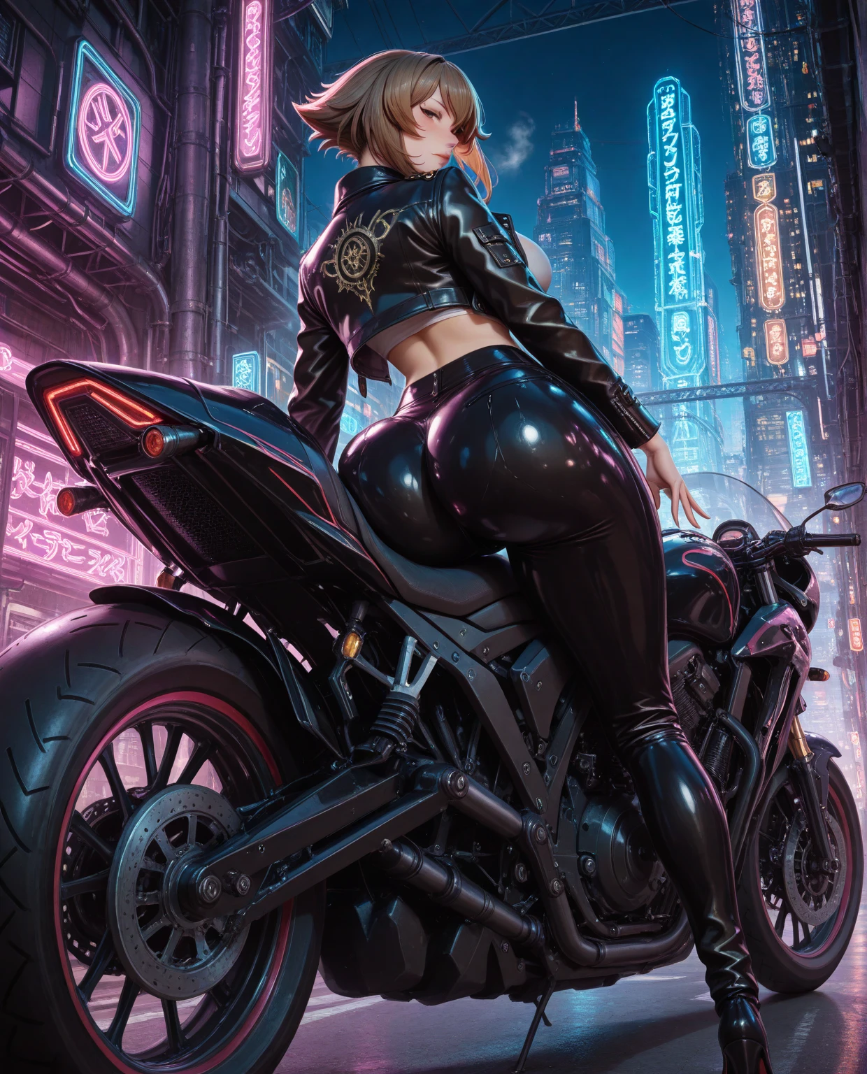 Big city Street, hi-tech motorcycle, Sexy cyborg girl riding on motorcycle, french braid, blonde hair, beautiful figure, Magnificent Anatomy, (Best quality, 4K, 8k, HDR, A high resolution, masterpiece:1.2), absurdity, masterpiece, ultra detailed, (realistic, photorealistic, photorealistic:1.37), (complex parts:1.12), (hyper detailed, hyper realistic, Soft lighting, spicy:1.2), (complex part, Hyper detailed:1.15), Smooth skin,