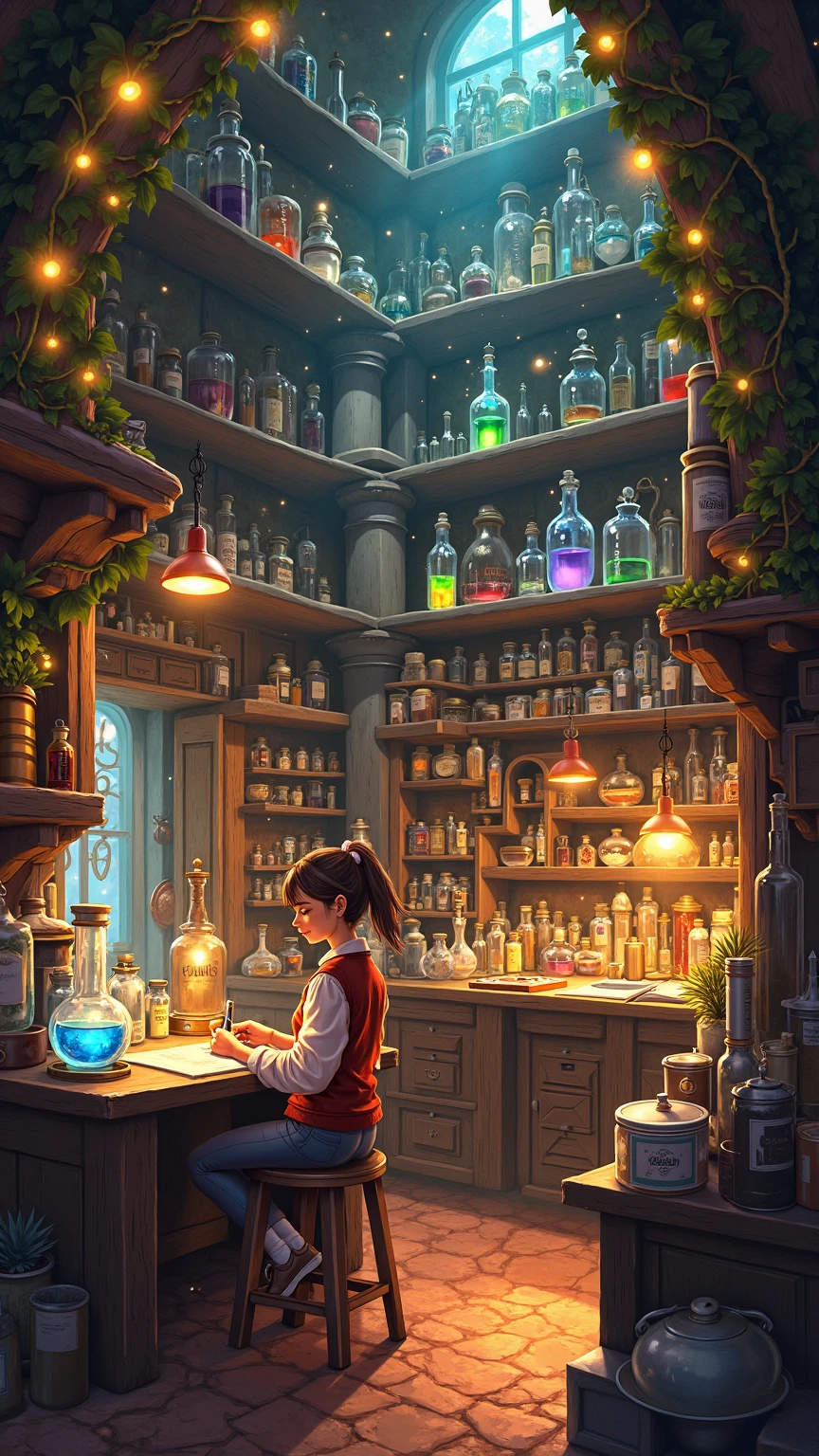 Masterpiece, high resolution, a hyper-detailed digital painting of a cozy fantasy potion shop. The subject is the incredibly cluttered and warm interior of an alchemist's laboratory, packed from floor to ceiling with wonders. The composition is a wide, eye-level shot in a 2:3 aspect ratio, designed to showcase the overwhelming density of the room. The lighting is soft and warm, emanating from glowing string lights woven into ceiling vines, various lamps, and the luminous liquids within a large, complex alchemical apparatus. The style is a beautiful and intricate anime concept art, where every surface is filled with detail. Wooden shelves are crammed with hundreds of unique glass bottles and jars filled with colorful potions, herbs, and books. A young female alchemist works at her desk. The color palette is warm and earthy, dominated by browns and golden light, with accents from the rainbow of potions. The level of detail is microscopic: individual labels are visible on jars, the texture of wood grain is clear, and every corner is filled with charming clutter, creating a profoundly cozy, magical, and inviting atmosphere.