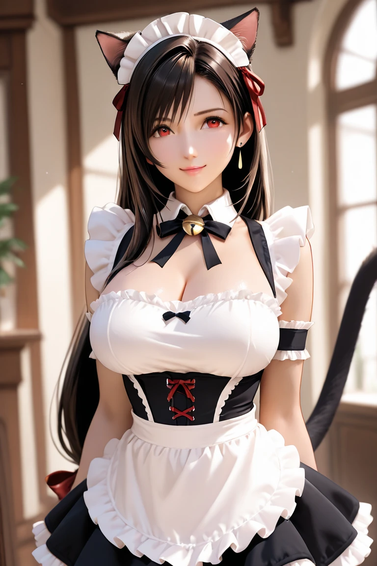Big breasts ((cute and beautiful maid girl)) caramel colored wavy hair, cute bangs, detailed eyes, double eyelids, detailed iris, light effect on eyes, extremely sexy body, apron, sexy maid outfit, sexy cleavage ((hyper detailed, 16k, masterpiece, hyper realistic, perfect lighting, effect of light and shadow on the skin)) perfect lips, pink lips, brown skin color, sitting on the balcony of the Imperial Palace, beautiful sunny day, sweet smile, beauty of a goddess of love, beautiful and sensual woman