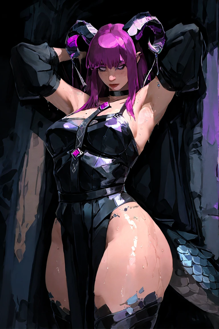 (masutepiece, Best Quality;1.3), ultra-detailliert, Rosemont, Digimon, The head is a rose flower. Cover his eyes. Black rose flowers. Female mouth. Black rubber suit. Breast exposure. Gloves and boots. Purple gemstones around her neck. Black cloak.holding a whip with green spines in his hand,,,