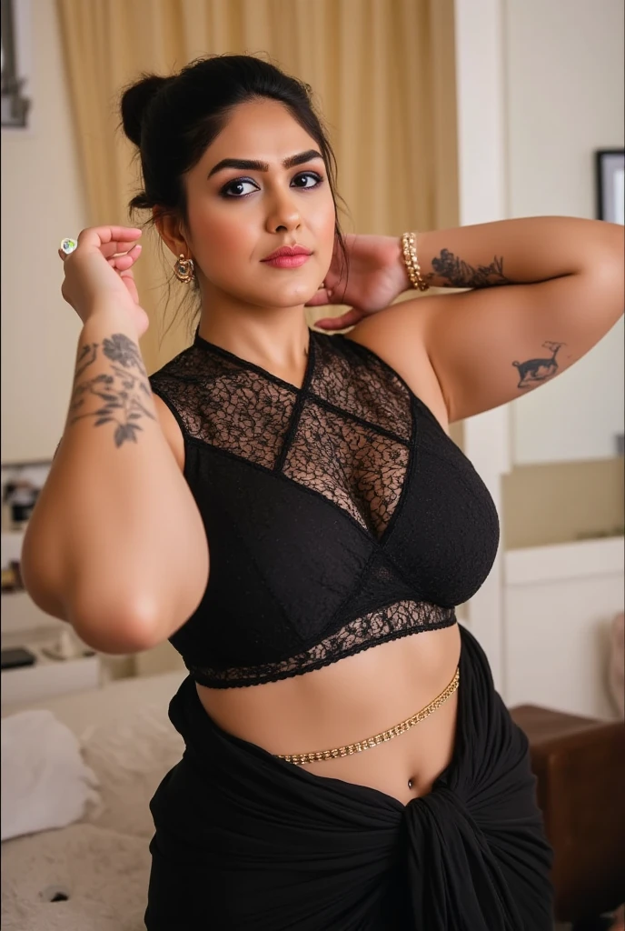 Looks like Anushka Shetty, her neck tattoo is alive, it rises from 2D skin surface to 3D life, flowing from her skin into her dark shadow world, it rises from the haunted woman, the beautiful intricacy of the tattooed line lives and breathes, it becomes something else, the line transforms her and us, the viewer