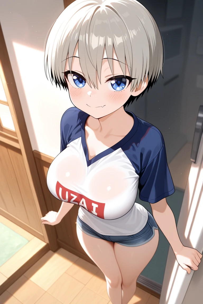 score_7_up, score_6_up, best quality, anime screencap, 1girl, Uzaki_Hana, big breasts, short hair, blue eyes, grey hair, short hair, T-shirt, short pants, blush, embarrassed_female, in front of wall, looking at viewer, outside, Netorare, lift up clothes, flashing breasts, showing breasts, nipples, from above