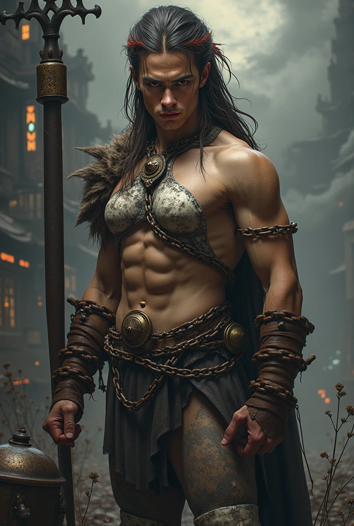 Raymond is a 236cm tall，Muscular giant。
• Long black hair，Hair tied casually into a ponytail • Sly and aggressive eyes，Flashing with danger • Broad jaw and thick lips，Showing his wild nature • His sturdy upper body is covered with tattoos，Obscene symbols are engraved on his exposed chest muscles. His sturdy legs support his huge body.，Wearing a pair of black leather shorts • Strong hands with veins exposed，Fingers neatly manicured but stained with various bodily fluids • Bare feet on the ground，Toenails are carefully trimmed