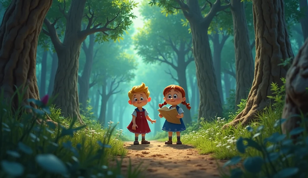 1135, England. scene with an otherworldly forest, ((((7-year-old)) Mckenna Grace)), happy girl, walking with a pig, ((((poor tunic from the 12th century)))), ((Hairstyle of the 12th century)), ((Wes Anderson cinematic style)), colorful