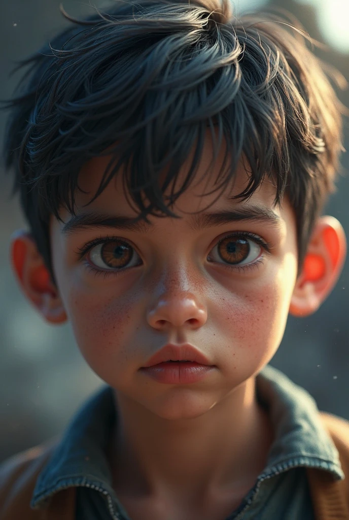 Boy with short dark hair, brown skin, dark eyes