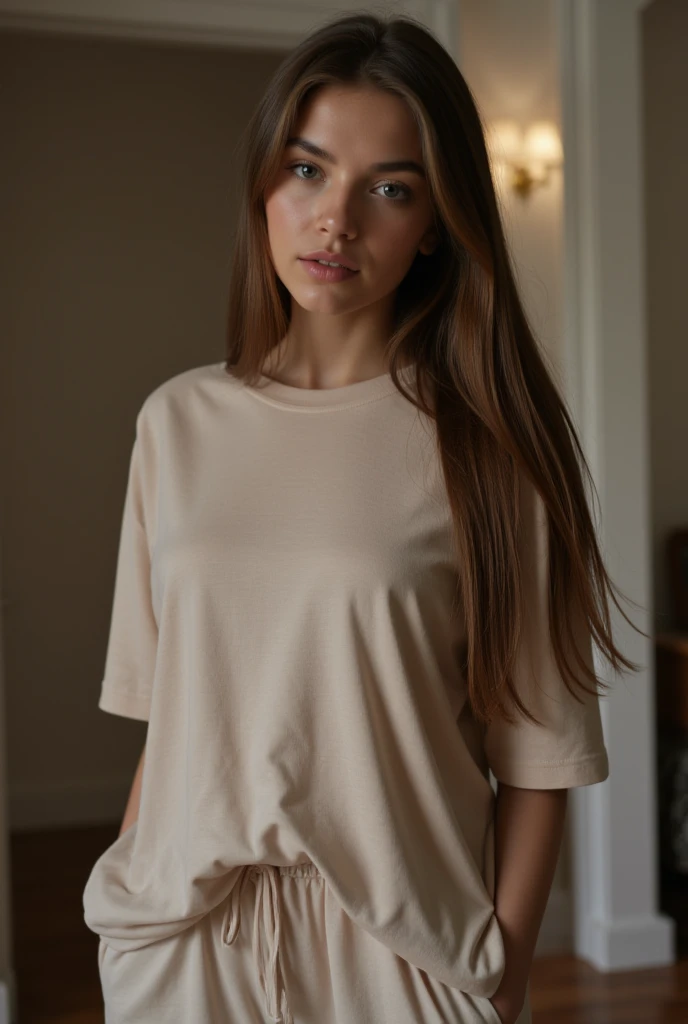 Cute young blonde girl in her bedroom wearing red long t shirt and denim shorts facing towards camera , attractive face , small eyes , full lips , thin nose , small figure , small breasts , thing figure, small waist , fit girl , small hips , light makeup, realistic photo, 8k realism , photography, facing towards camera, dark lighting , high resolution picture , clear picture , detailed picture