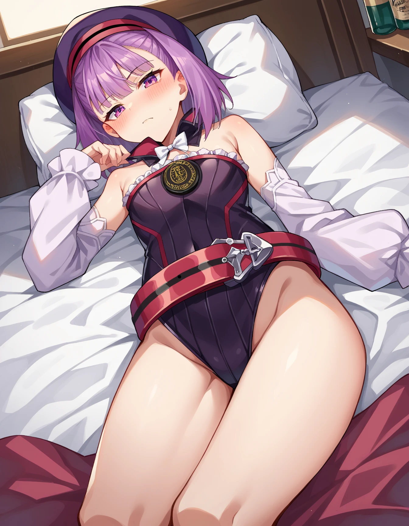 BREAK (masutepiece:1.2), Best Quality, High resolution, Unity 8k壁纸, extra detailed face, Perfect Lighting, extremely details CG,女の子1人、独奏、Arisu、(Viewer's Perspective、cowboy shot:1)、(Light purple hair、White hair、Medium Hair) 、Arisu has、beret、Black beret、Black hat:1.2)、(Arisu School、student clothes、Red Blazer、a red jacket、robe blanche 、Blue bow tie、White Niso、garter strap、Absolute area:1.4)、(Naughty big)、(large full breasts)、(Perfect hands, Perfect Anatomy),a bed、Bedroom、(Sleep on your back:1.3)、(Blue stripes々Panties:1.3)、(Fully exposed panties:1.5)、embarrassed from、red blush、(Pushed down on the bed:1.3)、( nipples are completely exposed,,:1.5),(teats:1.3),(shirts lift:1.3),(Open Shirt:1.3)、eye closed