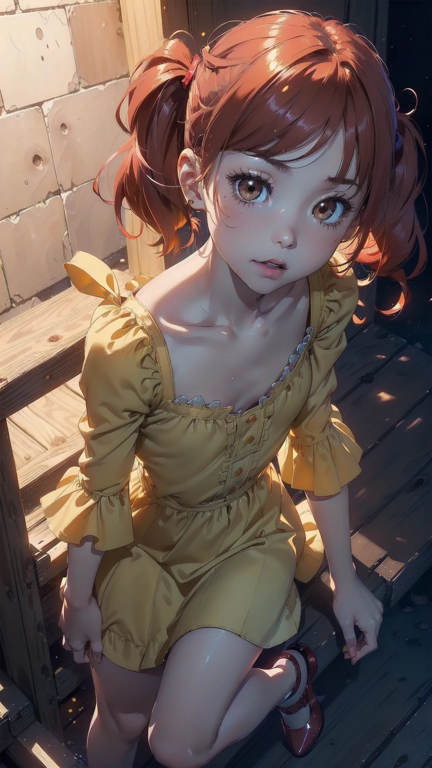 ((top quality, ultra-detailed, high resolution, extremely detailed CG, unity 8k wallpaper, by famous artist, perfect anatomy, super detailed skin, cinematic lighting, UHD, retina, anatomically correct, 1080P)), (Please draw a single one girl praying to God in a her room:1.3), ((1girl)), (Solo, face,13-year-old:2.0), a junior high school student, ((cute petit girl, chibi, babyface)) androgynous charm, (Medium hair, ((full red hair)) ((redhead)), pigtails, straight bangs, with a bow in her hair, ((very thin legs)), ((skinny legs, thin body, small build)), Full limbs, complete fingers, ((perfect fingers and hands)), flat chest, small breasts, childish body, small butt, groin, Beautiful detailed full yellow gold eyes, perfect eyes, ((medium pantsand sleeveless shirt, colorful and cheerful clothes)), ((bare shoulders)), (Detailed Lighting), ((girl room background)), (Detailed scenary background), (praying to God)), full body view, Cute, kawaii single girl (one girl), full body shot, ((little young 13 years old body:1.3)), ((kneeling with eyes closed and hands as a sign of prayers:1.3)), ((long skirt)), ((shoes)), ((hands praying)), ((five fingers for each hand:1.3)), ((red hair girl:1.3)), ((straight bangs:1.3)), ((inocent tender girl:1.3))