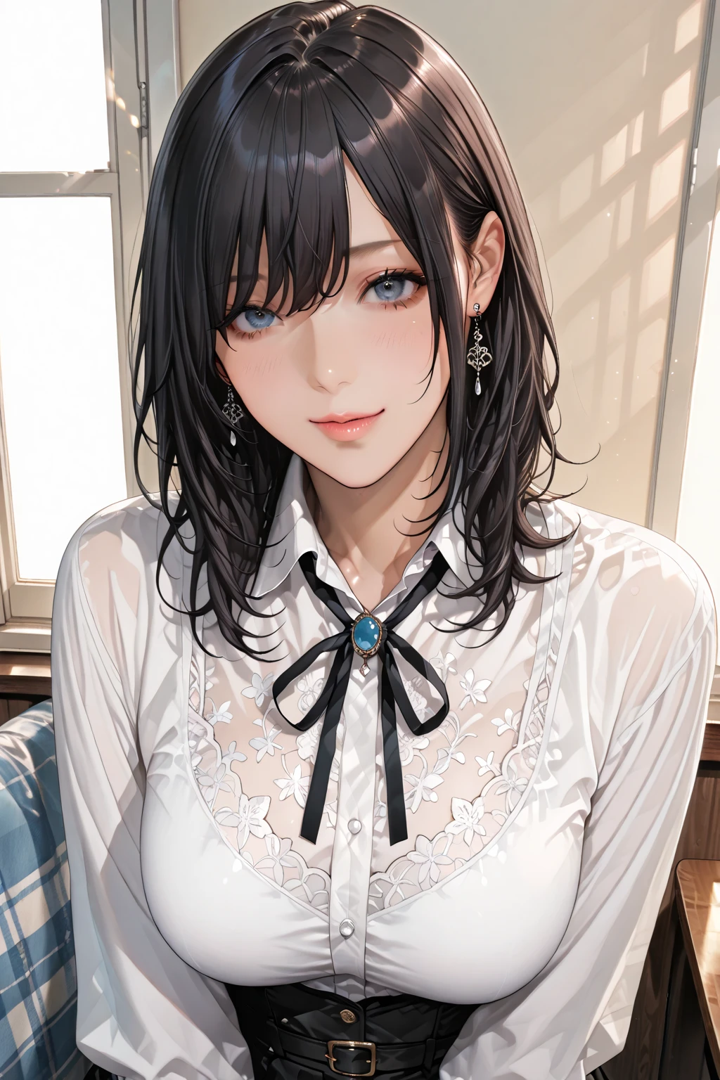 absurdres, RAW photo, extremely delicate and beautiful, masterpiece, Best Quality, ultra high resolution, 32k, hyperrealistic, ultra-detailed, in her 20s, delicate facial features, tearful mole, earring, medium breasts, full body shot, shorter middle hair, black hair, school_uniform, blazer,