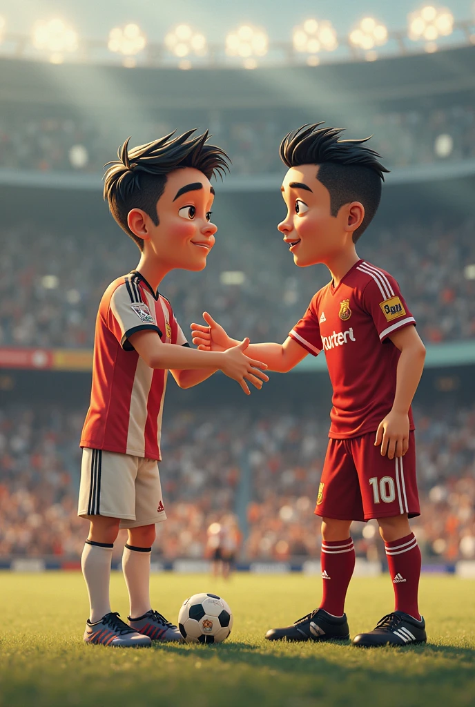 A footballer boy with his idol Ronaldo. Ronaldo’s with shirt logo: Manchester United. Face to face . Cute Cartoon