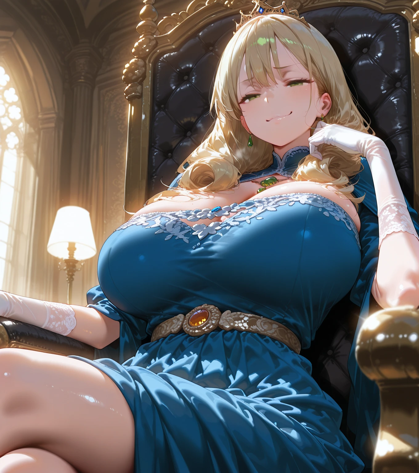 (A woman with big tits),Princess Violet,Attractive woman,Light blond long hair,Blue Eyes,clavicle,Gemstone Necklace,Off-shoulder,short dress,Lace,Intricate details,Beautifully,Charm,Lying in bed,(blush),