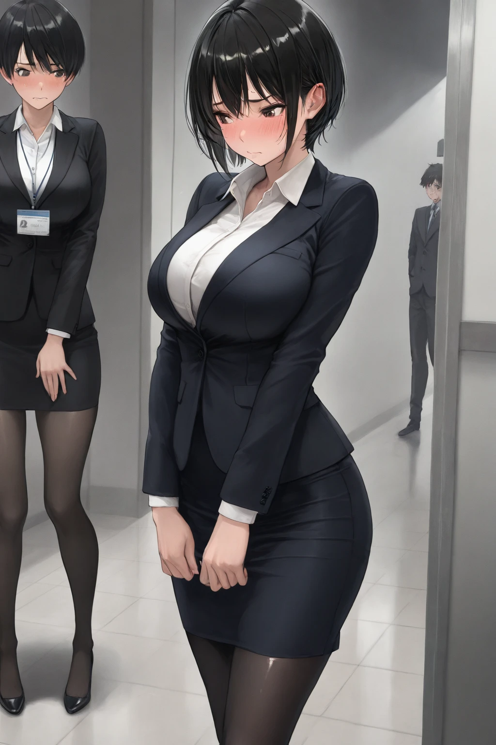 masterpiece, highest quality, 1 person,( Big Breasts, Are standing,),Detailed Background、A person who writes in detail、Accurate human body、Knowledgeable person、Five correct answerature Woman,Thick thighs,cruvy body,solo,allmind,formal,suit,black jacket,black necktie,long sleeves,pencil skirt,pantyhose,earrings