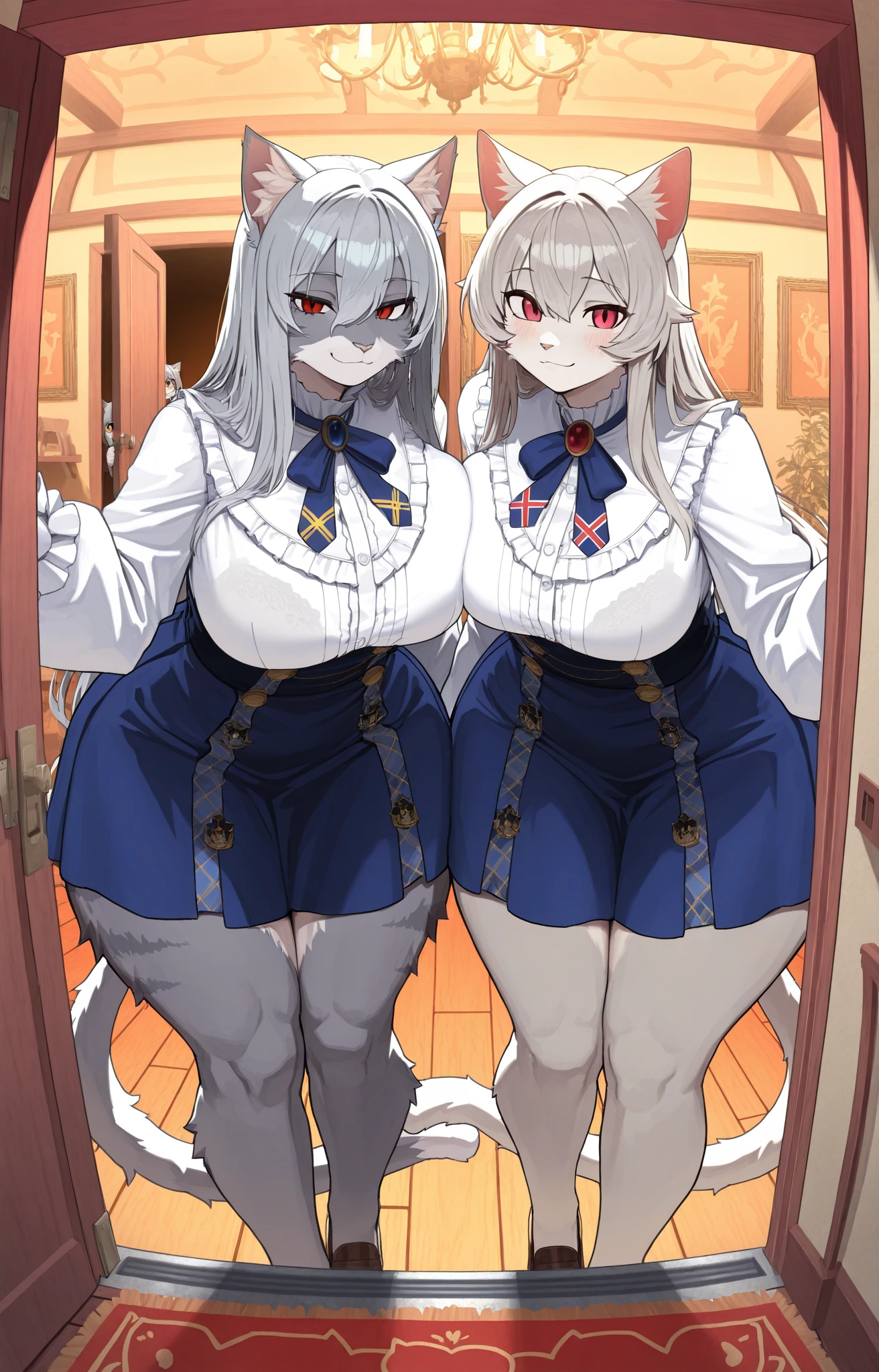 (hi res), ((masterpiece, best quality:1.0)), illustration, furry girl, animal ears, white body fur, tail, 2girls, duo, full body, long grey hair, blue eye, white crotchless pantyhose, looking at viewer, facing viewer, smile, bedroom background , nsfw,
