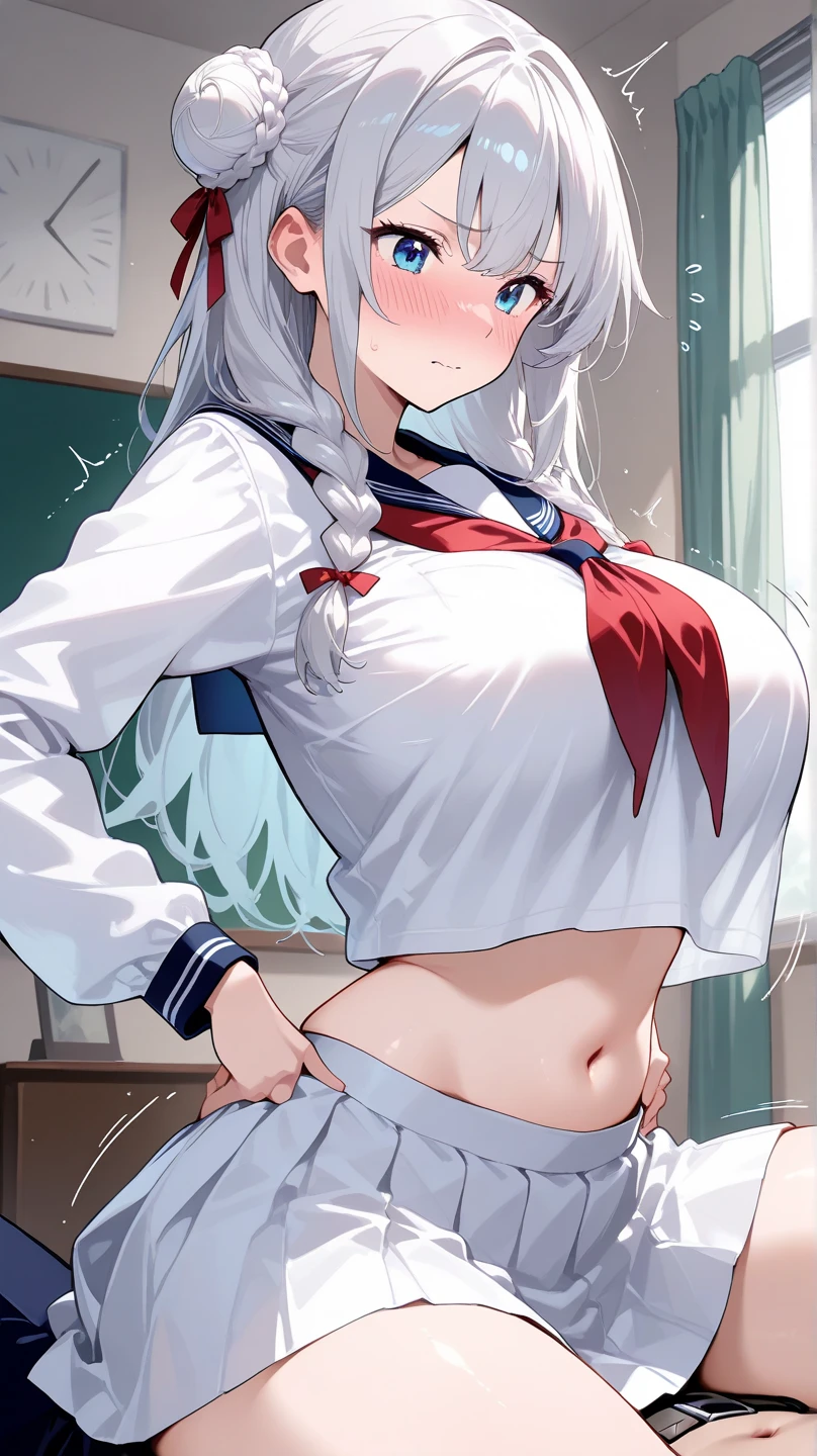 (masterpiece:1.2, top-quality), beautiful illustration, NSFW, looking at viewer:1.1, cowboy shot, from above, 1 girl, japanese, high school girl, perfect face, cute and symmetrical face, shiny skin, (long hair:1.8, straight hair:1.7, shiina mahiru), asymmetrical bangs, (large breasts:1.1, thick thigh, beautiful hair, beautiful face, beautiful eyes, closed eyes, open mouth, beautiful clavicle, beautiful body, beautiful chest, beautiful thigh, beautiful legs, beautiful fingers, ((school uniform, pleaded skirt, white panties, white thighhighs, visible panties, skirt lift)), pink panties, beautiful scenery), (((vibrator in thighhighs:1.2, thighvibe:1.3, pee))), (choker, flower hair ornament), ((toilet, looking away, moaning, ahegao, wet floor, acting cute, moaning expression)), (hand covering mouth, seducing, blush)