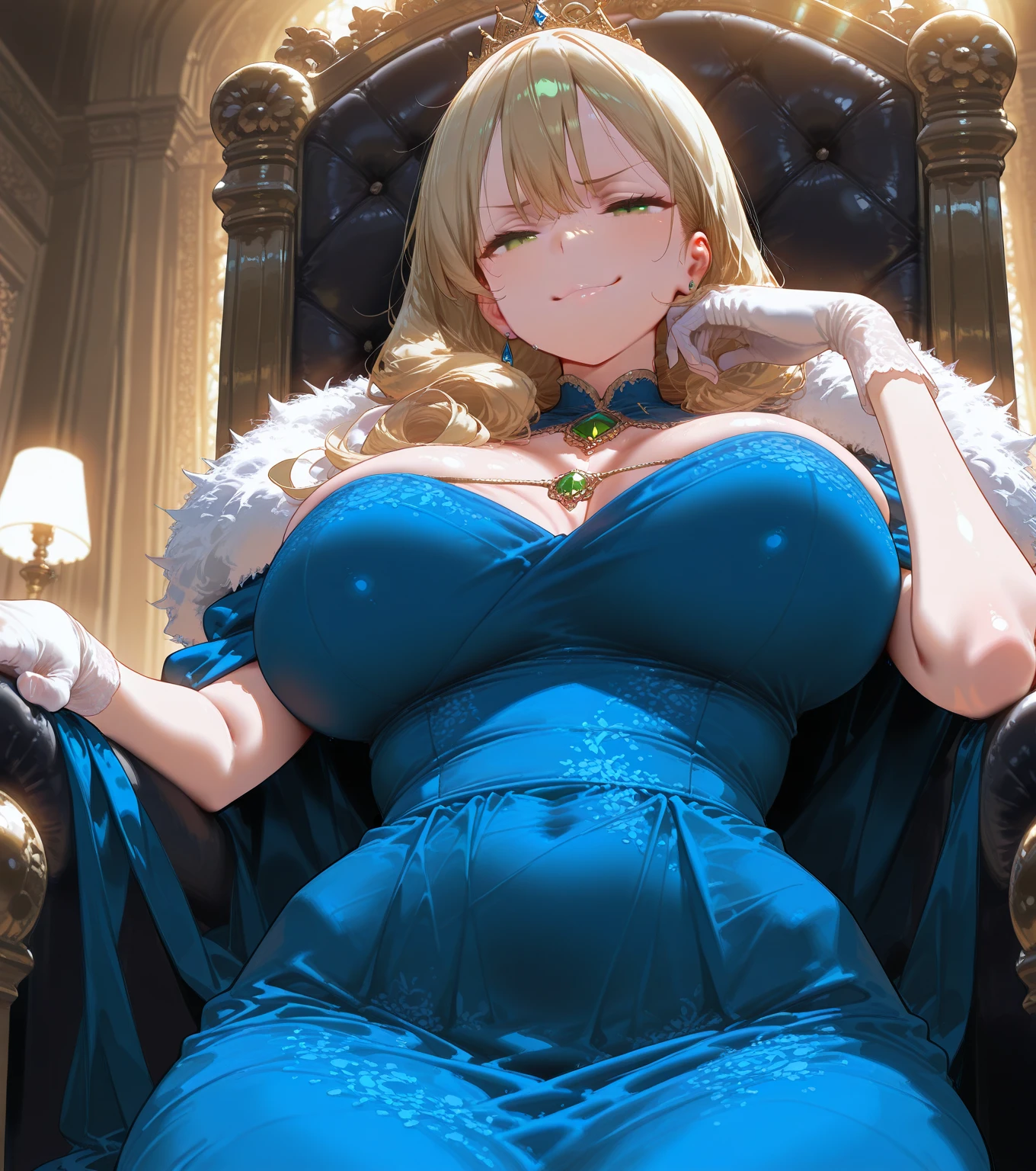 1woman,super beautiful,Sitting on the throne, ,at night,Confused expression,half body photo,Beautiful eyes, very detailed face,cute,,HD face, perfect face, blue kimono,short kimono, cleavage visible,Very big breasts,Blue flowers on the head,Blonde hair,bangs,blue eyes,hair in bun,one bun,Hair in a bun,ultra detail,ultra Hd, masterpiece,4k