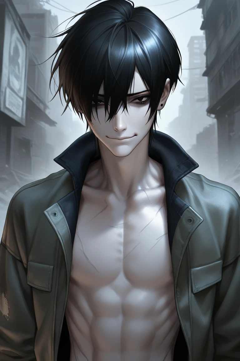 1boy, sexy, mad, anime, shiny eyes, smirk, evil, bad boy, good quality, good anatomy, leather coat, gun, crazy, red eyes, evil smile, basement