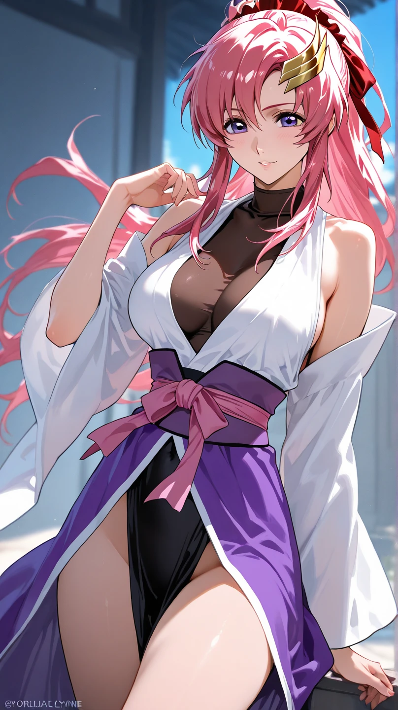 (high quality, 8k, 4K, high contrast, artwork:1.2, high quality, best aesthetics), (dynamic angle), ((1 woman)), erotic, sensual, mature body, super detailed, beautiful face detailed, beautiful eyes detailed, detailed beautiful mouth, sexy body, perfect breats, perfect wide thighs, (long messy pink hair), (red eyes), (Serious facial expression), (tattoos), (women's long white kimono), (standing), (centered), (looking at viewer)