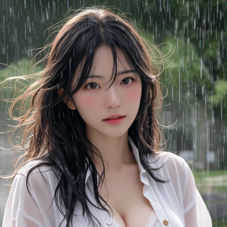 (Top Quality, 8k, Masterpiece: 1.3), (Beautiful japanese high school student), Female 1 Person, (Breasts, Attractive Body: 1.2), Abs: 1.1, Dark Brown Hair: 1.1, (Wet Rain, Wet Body: 1.2), Ultra High Detail Face, Detailed Lips, Detailed Eyes, Double Eyelids