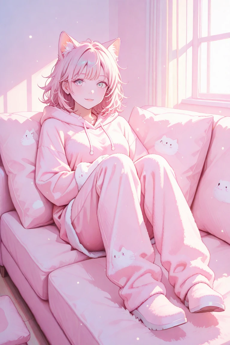 ((8k, Highest quality, masterpiece: 1.3)),Ultra-high resolution,(1 girl, alone), (Color changing eyes, Ultra-detailed, Expressive brilliance, Glitter, Glowing Eyes), Highly detailed eyes, Highly detailed face, Random Hair, ((pastel colour))A young girl with long, straight hair sits on the floor of her living room, playing with her cat. She’s wearing a simple hoodie and sweatpants, comfortable for lounging around the house. Her cat, a fluffy tabby, is batting at a toy she’s holding, and her face is lit up with laughter as she watches her pet play. The living room is cozy, with a soft rug underfoot and a couch behind her. The window lets in natural light, brightening the room and adding to the cheerful atmosphere. A few toys are scattered around, and a scratching post stands in the corner, evidence of a pet-friendly home.