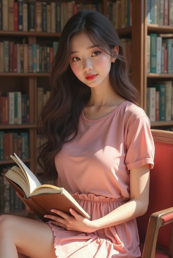 1girl, studio soft light, ultra detailed, 8k,  full body <lora:libbg_v16:0.7>, lib_bg, pink dress, long hair, bookshelf