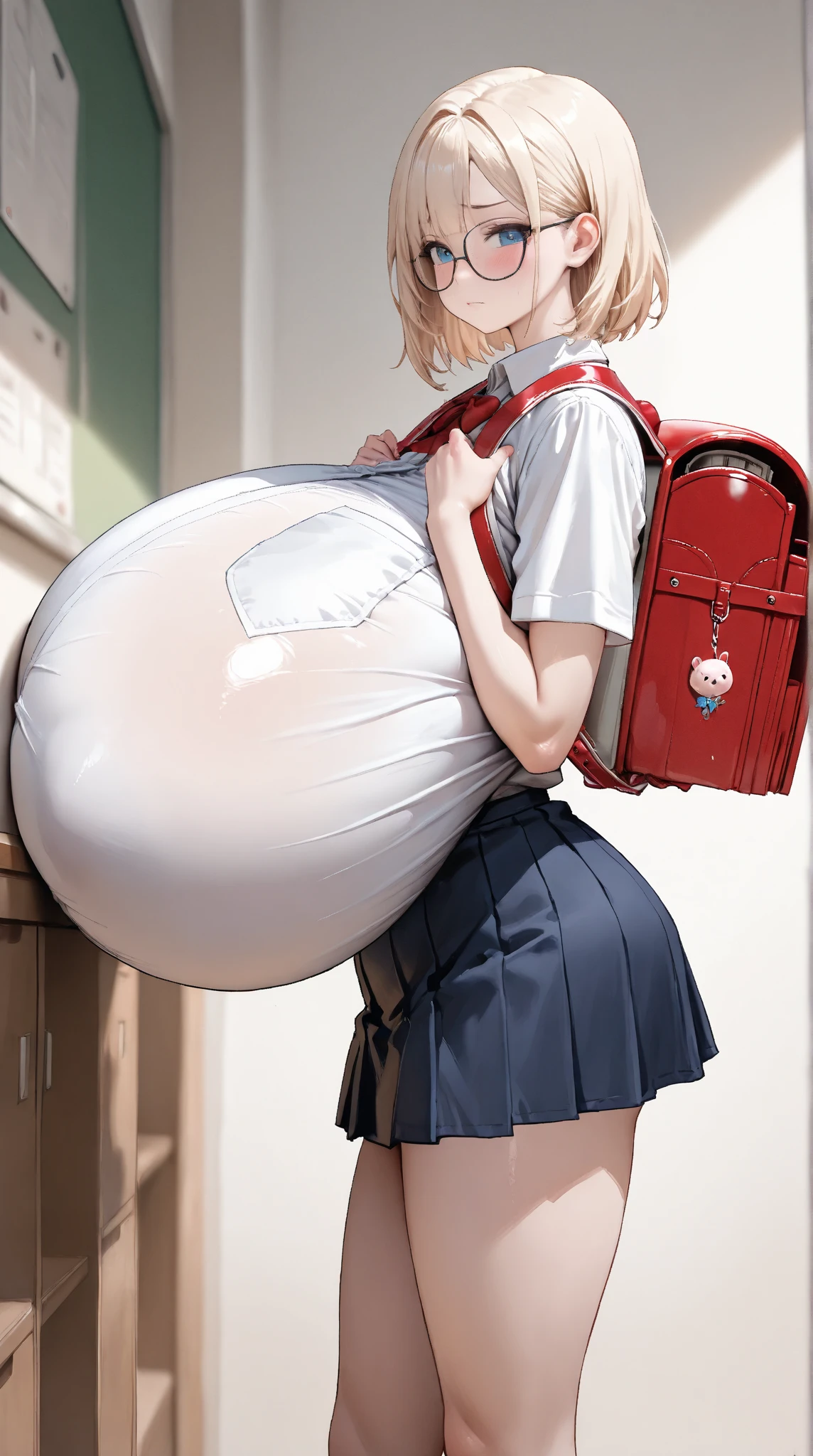 (8K, masterpiece, expensive, Ultra-fine illustrations, 空whiteの背景:1.5), Perfect Anatomy, Single Shot, (1 person), (whole body, From the side:2), (blond colored, short hair), (white, school uniform, Top heavy, bursting breasts, Huge breasts:1.5), Charm, Sweat seeps