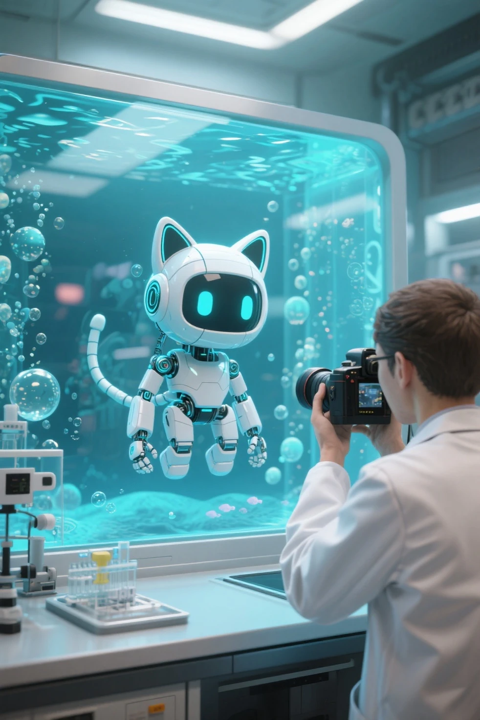 cat ear robot floating in a high quality aquarium,Laboratory where a person wearing a white coat observes,precise digital 3D rendering,super high resolution,Extreme Details,Photographer,sharp focus,High Dynamic Range,vibrant colors,bokeh,Scientific, future,fantastic,(anime style)