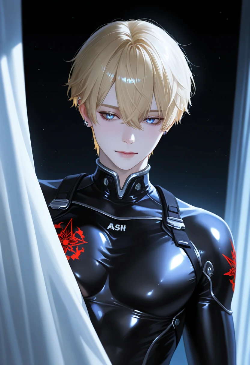 Young boy, short white hair, blue eyes, Bio-organic suit, open torso, scars, tattoo, Masterpiece, hiquality