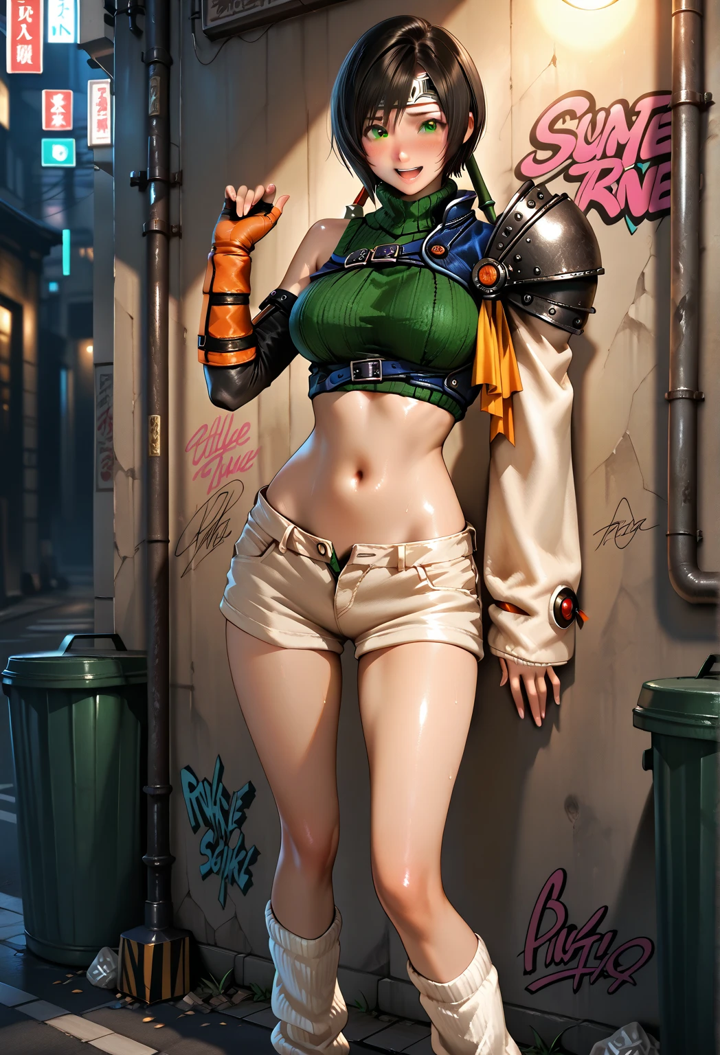1girl,high heels,mini skirt,micro bikini,curvy figure,graffiti wall,tan lines,blond hair,tanned,squatting,oiled,ripped stockings,verry long hair,full body tattoo,tally count,glory hole,condom belt,white liquid,loads of cum, gesture, ela_(rainbow_six_siege), masterpiece, best quality, 1girl, solo, green hair, realistic, short hair, (insanely detailed, beautiful detailed face, beautiful detailed eyes, masterpiece, best quality)