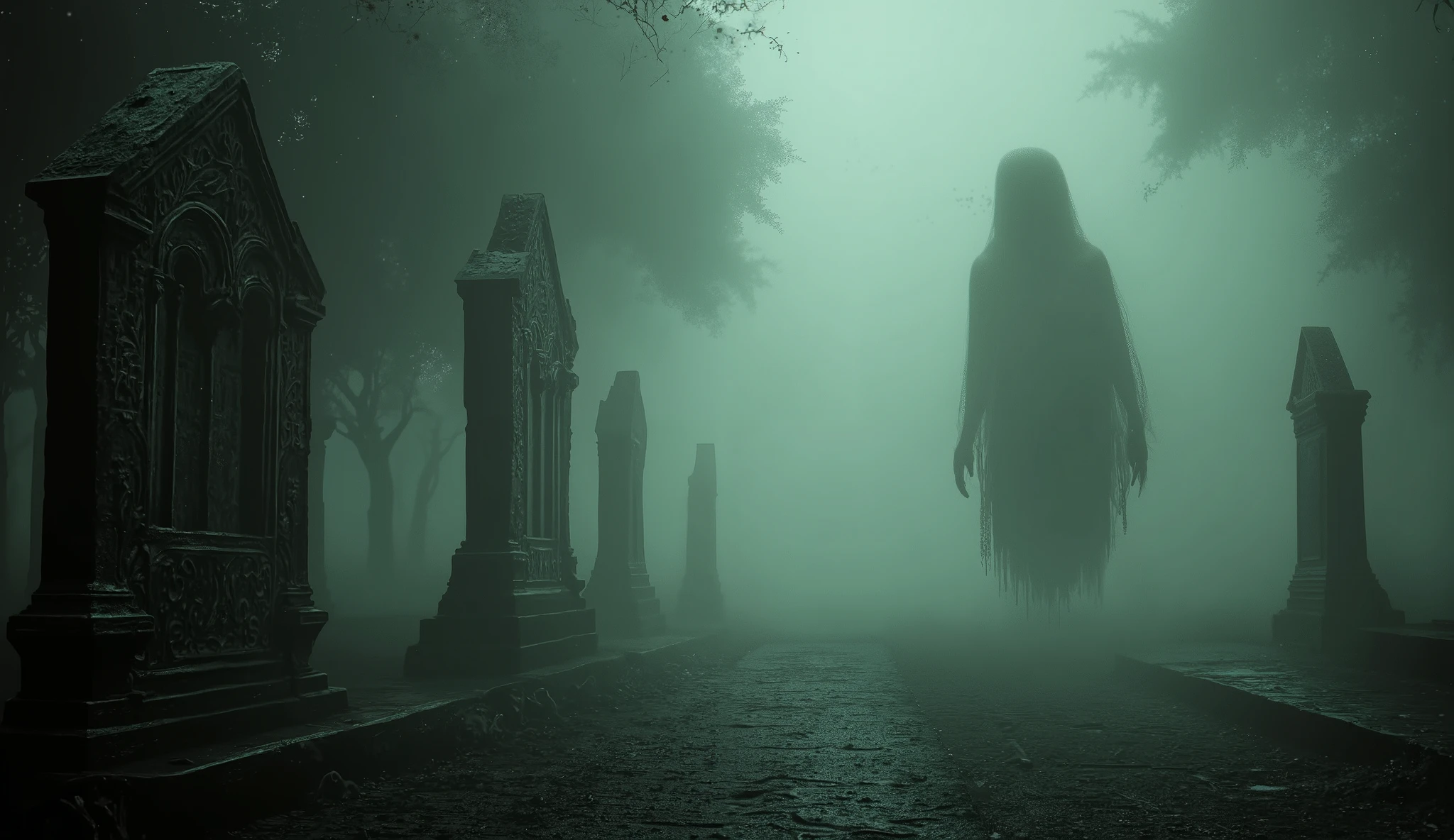  Ghostly figure in a foggy graveyard, classic horror style, ethereal glow, tombstones.