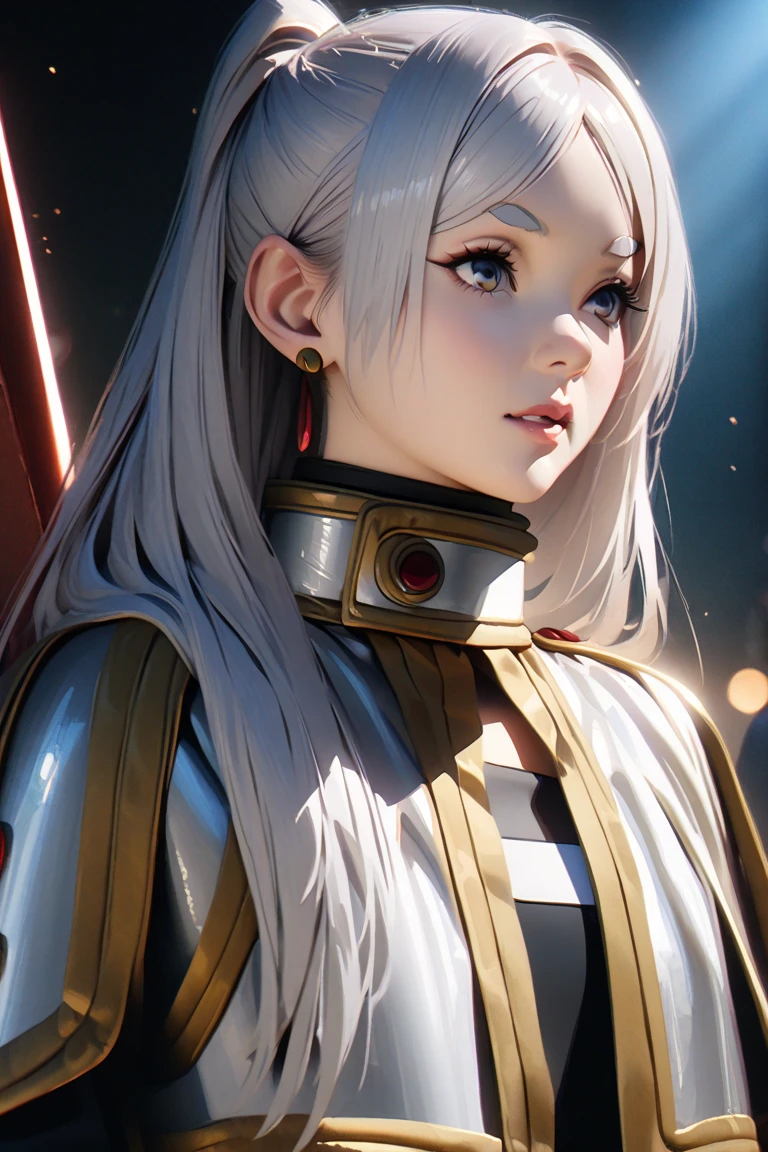 tmasterpiece，1 monk warrior girl with white tech suit clothes，White long hair，laces，abstract vintage scifi background，art by Moebius，Ashley Wood's art，dynamicposes，Wandering Earth，Space Starry Sky