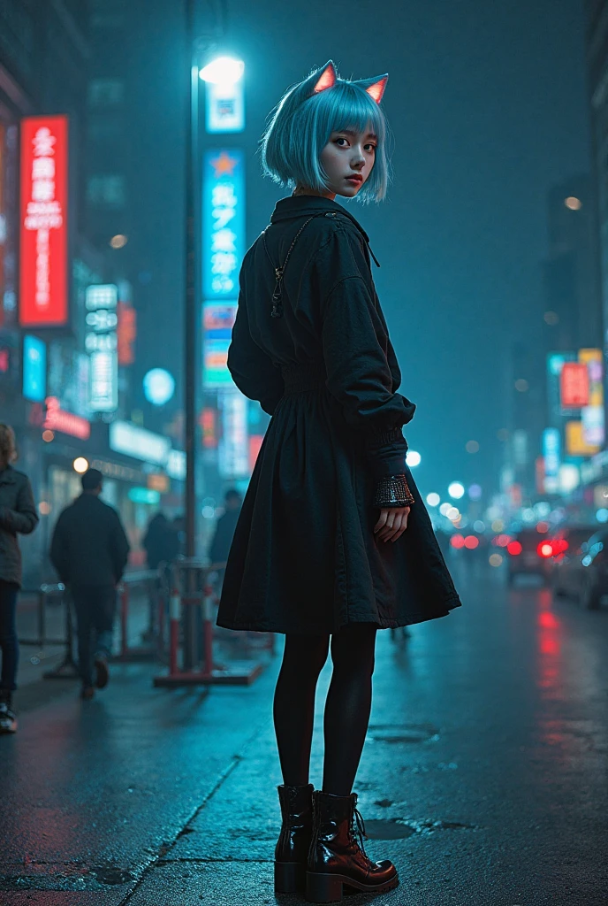 (best qualtiy,tmasterpiece:1.3), 1girll, rainy days, mist, alleys, looking at viewert, blue hair, facing the photo, Cyberpunk-city, Alone in the alley, Neon lights in the alley, Very reflective city, long whitr hair, Hair-sized strands cross the alley, Riman, jpn, toyko,Black high-waisted short skirt,thongs,Long black stockings, perfect hand,delicated,the night