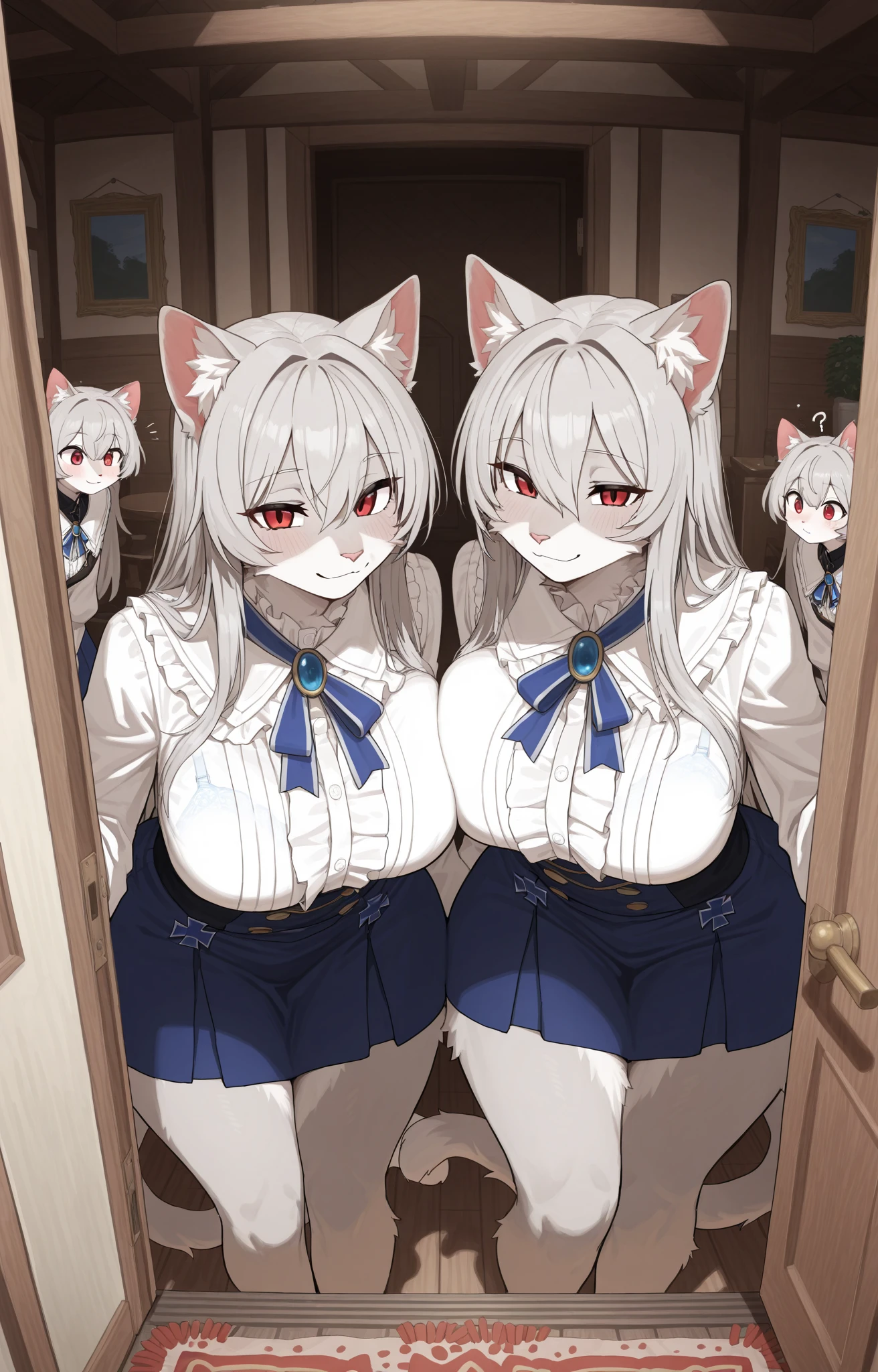 (cute eyes:1.4), (ruby eyes eyes:1.4), highest quality,wonderful,finely,extremely detailed CG Unity 8K wallpaper, (3 Girls), (white hair, pink eyes, short hair, straight hair, nekomimi), (skinny body:1.2),(huge breasts), (cum on nipple:1.2), (open mouth), (embarrassed), (from above:1.2)
