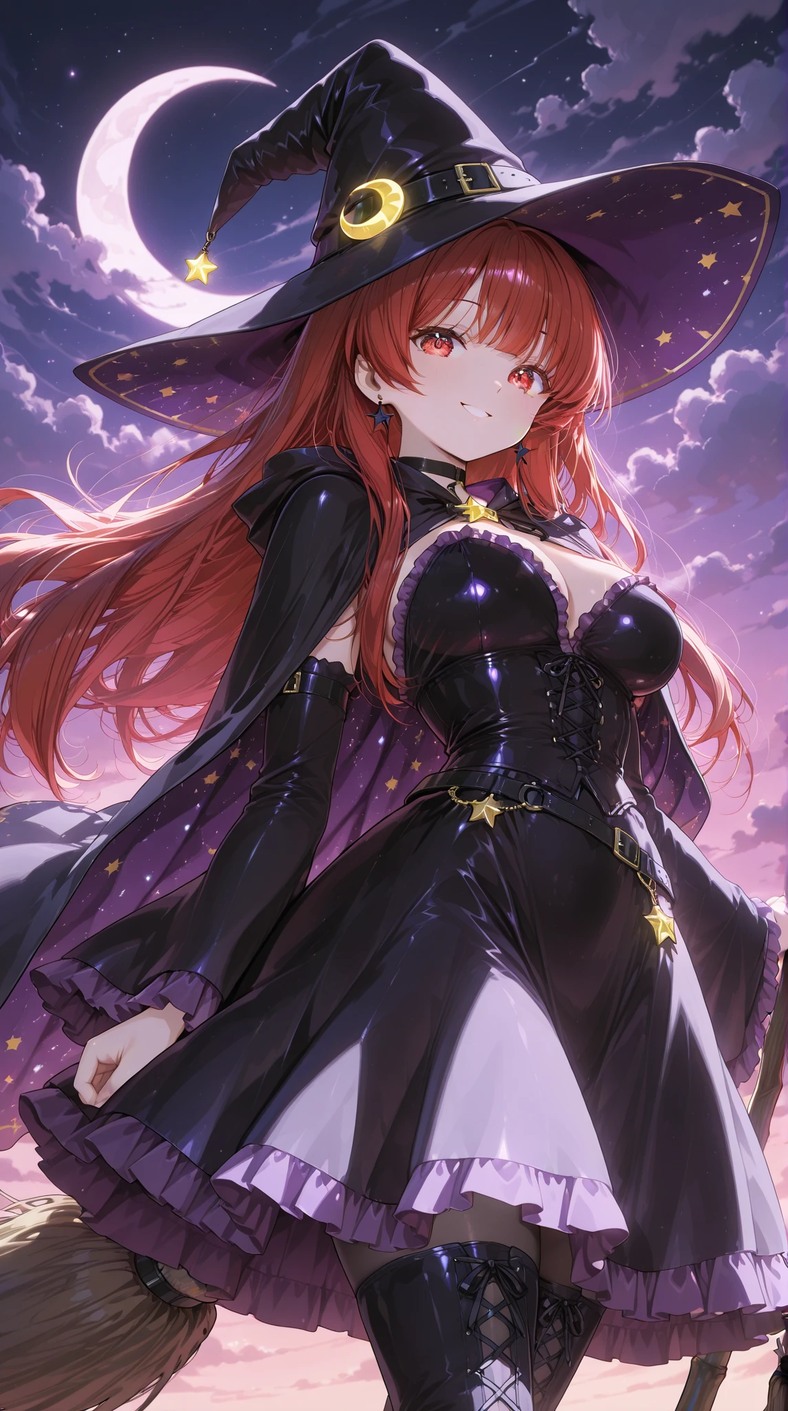 A red haired witch wearing a big purple hat with a purple dress and black underwear