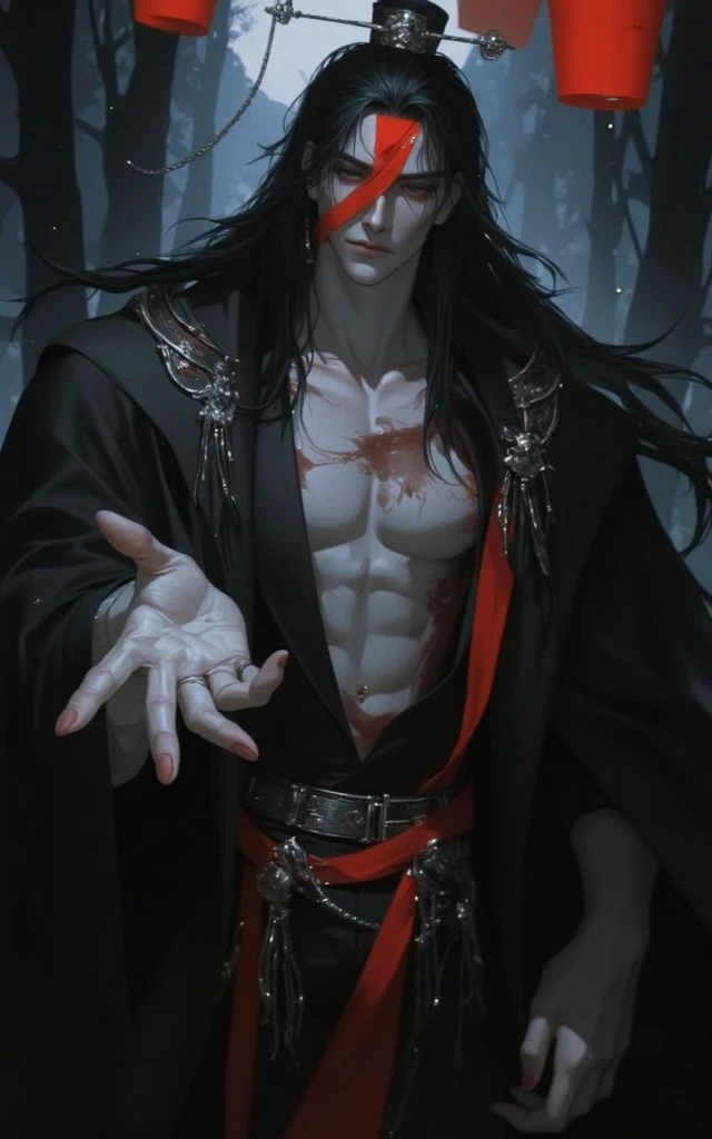 pale skin, long black hair, chiseled face, muscular, wearing a long black robe, ghostly, spiritual, red eyes, cocky smirk, manly, haunted, gothic, wearing a crown of thorns, large and muscular, staring at the camera, messy hair, smiling cockily, muscular male, serpent lower body