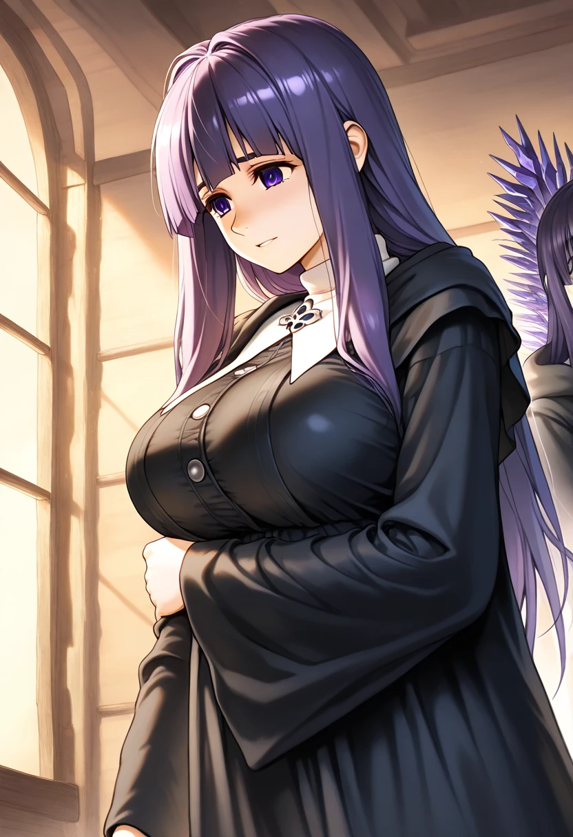masterpiece, high quality, beautiful detailed, ultra_detailed, 8k, (nsfw),(1girl:1.2),best quality,perfect legs,(perfect anatomy:1.2),kawaii,beautiful breasts, kokona,dress,(small breasts:1.2), fern, long hair, bangs, (purple eyes:1.1), purple hair, sidelocks, blunt bangs, (bright pupils:1.5), half updo, long sleeves, dress, white dress, long dress, robe, black robe,skirt, long sleeves, jacket, belt, scarf, coat, fur trim, black belt,, no reaction, penis, vaginal sex, cum in pussy, pussy cum, excessive cum