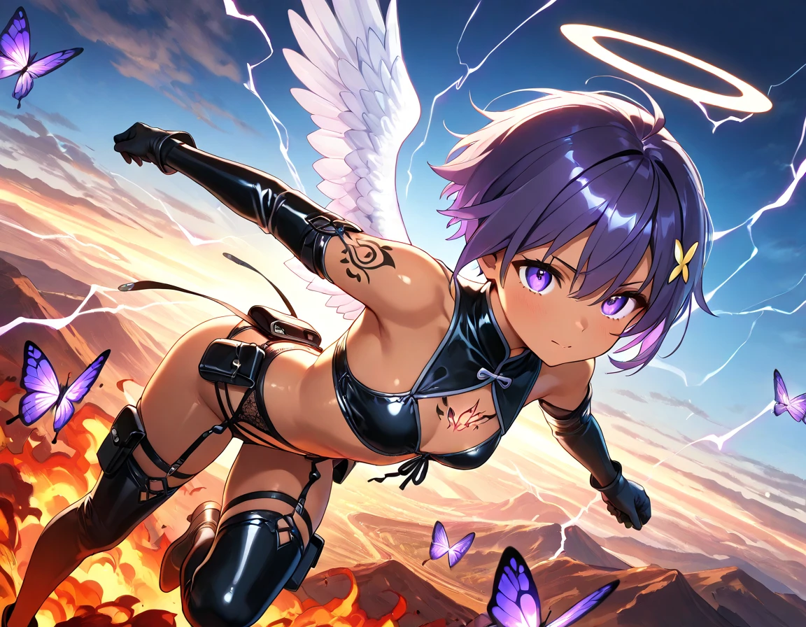 Highest quality,Highest Resolution,Beautiful girl with angry face in gothic lolita leotard,High leg,(((Floating in the air))),Halo,Night Sky,Severe lightning strike,Thick Lightning,Very beautiful red eyes,rain,(((Black angel wings on the back))),whole body,front,Purple hair long,In hand1with two big spears,Knee-high stockings,garter belt,Floating in the air,darkness,
