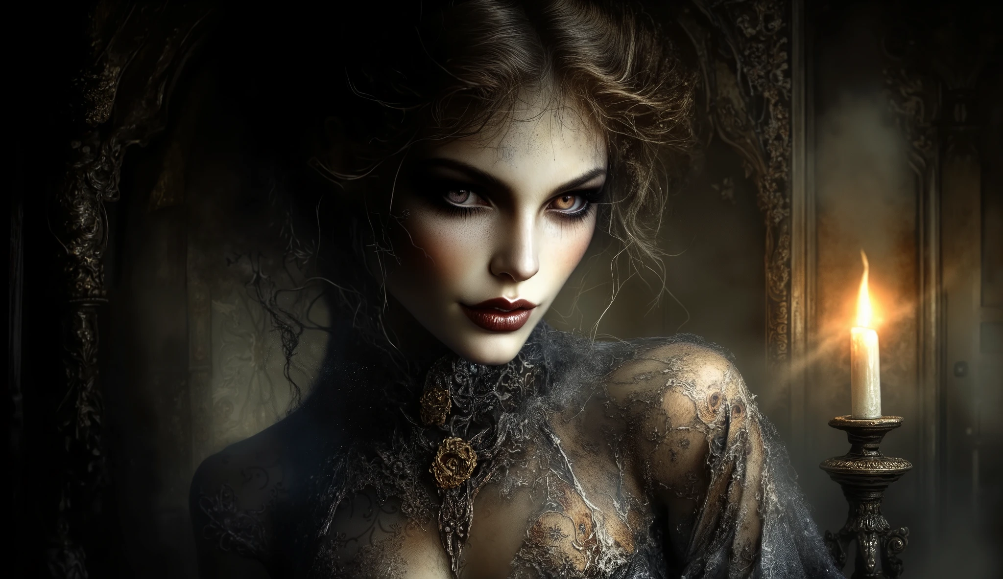 Female Vampire in a Gothic castle, dark romance style, elegant yet menacing, candlelit ambiance.