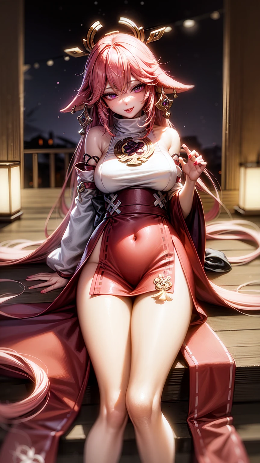 8k, masterpiece, best quality, realistic, higly detailed, cowboy shot, 1girl, solo, Nino, cute, cold-looking girl, waist-length straight hair, square bangs hanging over eyebrows, reddish-pink hair, twin butterfly-shaped ribbons on both sides of head, dark blue eyes, average height, well-endowed figure, large breasts, fashionable girl, various cute accessories, takes care of nails, Chinese Dress