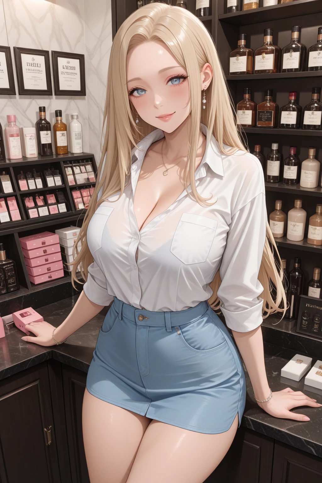 ((Biologically correct limb count))、((Full Body Shot, Full-body photo including face、Head to toe photos))、4K、(masterpiece:1.3)、((Focus on the face))、((Symmetrical facial features))、Eyes of meticulous depiction、beautiful woman、Excellent style、（(skirt、The neckline is a lace embroidered sheer shirt.、High heels with anklets)）、Detailed Description、shopping、Married Woman、sex appeal、Alluring、To take clothes in hand、Handbags、Earrings、necklace、Sidelong glance、profile、（1 female:1.5)、Upper body close-up、Looking up、Blonde、(male:-0.5)